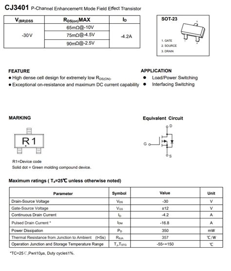 Sot 23 Plastic Encapsulate Mosfet Cj3401 P Channel Enhancement Mode