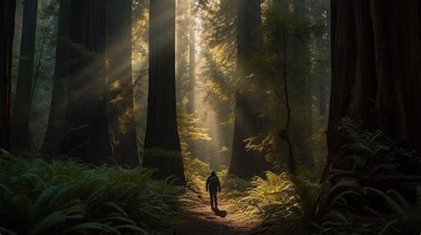 Premium Photo A Man Walks Through The Forest Generative Ai