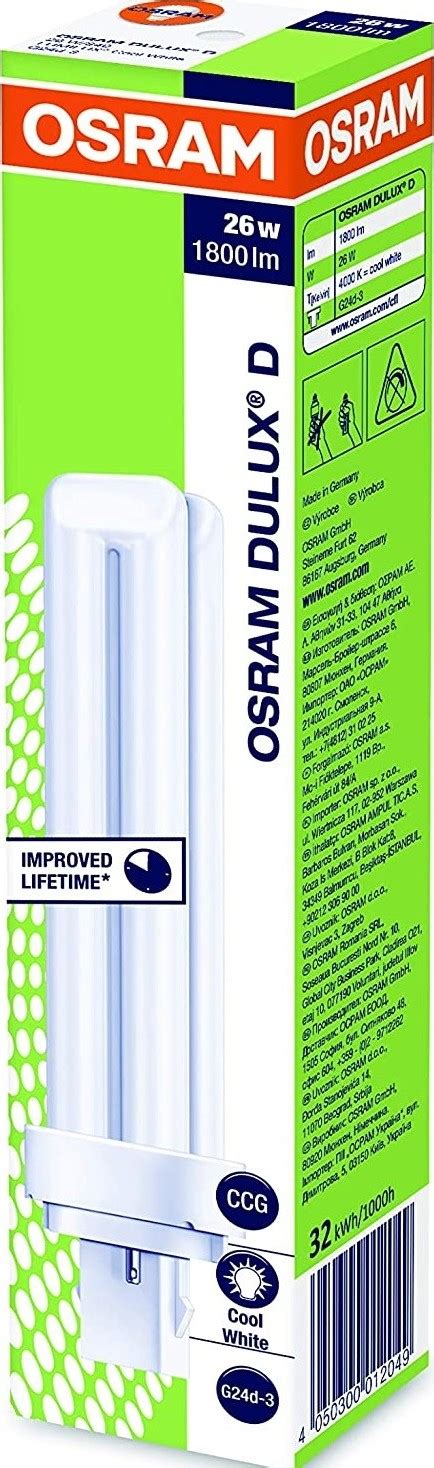 Osram Compact Fluorescent Lamp Dulux D 26W 855 G24d 3 2 Pin Base Cool