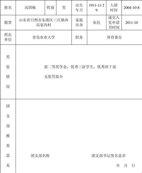 优秀团员入党登记表word文档在线阅读与下载无忧文档