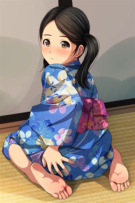 Safebooru 1girl Absurdres Ass Bangs Barefoot Black Hair Blue Kimono Blush Brown Eyes Eyebrows