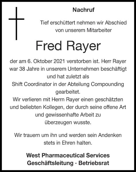 Traueranzeigen Von Fred Rayer Aachen Gedenkt