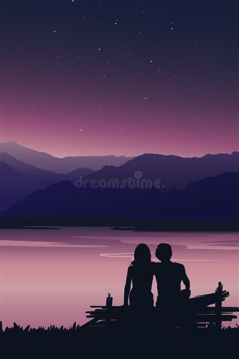 Silhouette Of Love Couple Sitting On The Bench At Sunset Stock Vector