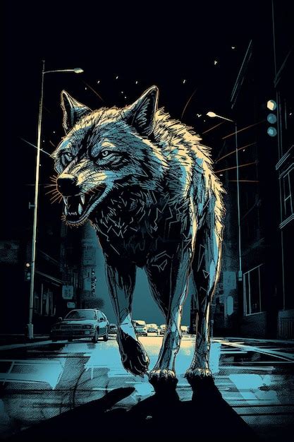 Premium AI Image | A poster of a wolf on a dark street.
