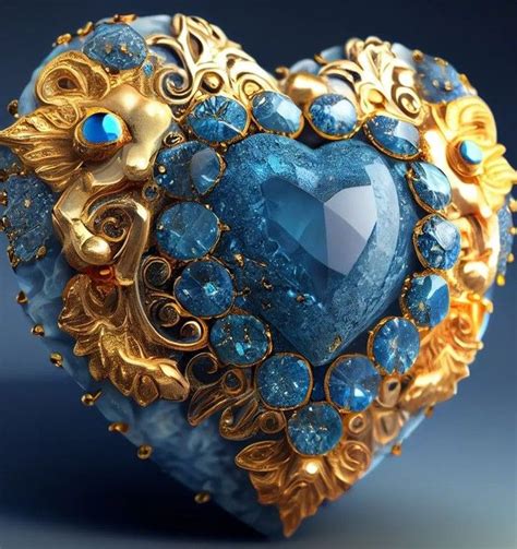 A Blue Heart Shaped Brooch With Gold Trimmings And Jewels In The Center