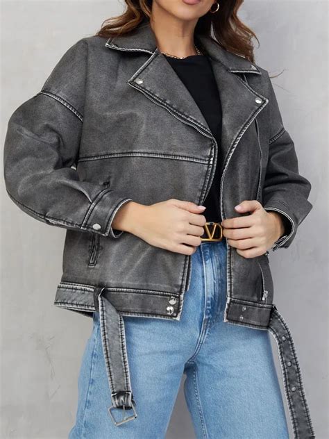 Ailegogo Streetwear Women Vintage Loose Pu Faux Leather Jacket Spring