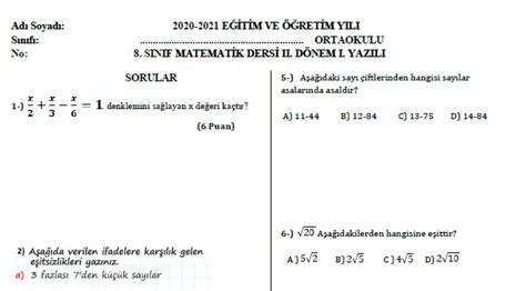 Sinif Matemat K D Nem Yazili Sinavi Test Matematik