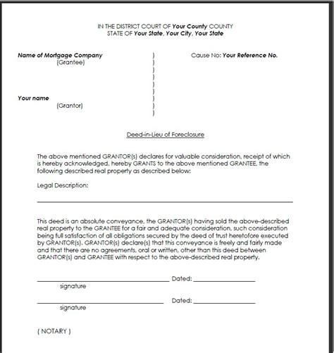 Deed In Lieu Of Foreclosure Template