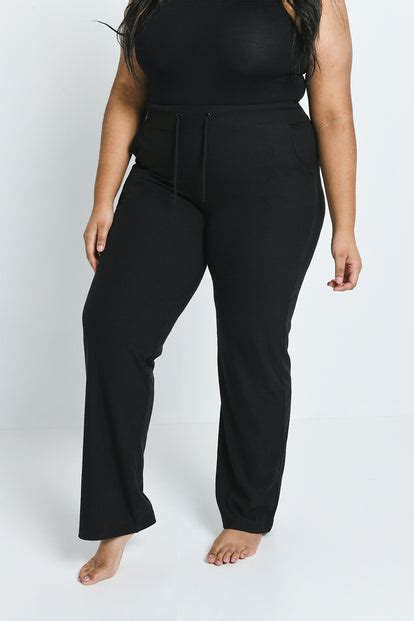 Plus Size Black Ribbed Wide Leg Trousers Lovall