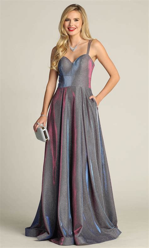 Lace Up Back Long Metallic Prom Dress With Pockets