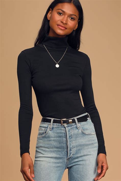 Sherie Black Ribbed Long Sleeve Turtleneck Top Turtleneck Long Sleeve Top Mock Neck Top