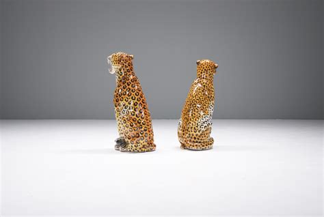 Stunning pair of vintage ceramic leopards sculptures made in Italy 1960s For Sale at 1stDibs