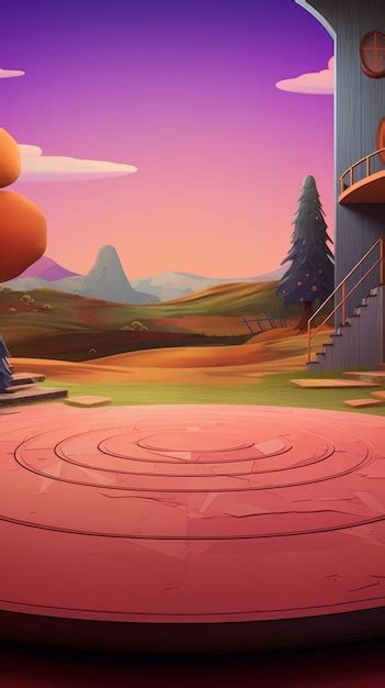 Cartoon Landscape With A Pink Circular Platform A Tree A House A