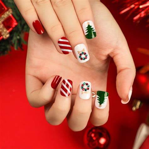 Christmas Adorable Tree Festival False Nail 24pcs Square Press On Nail Nail Art Ebay