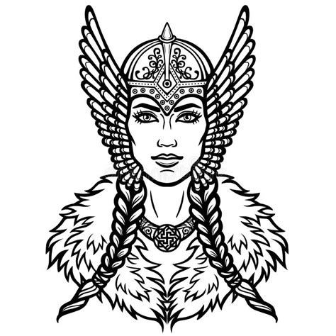 Portrait Of The Woman Of The Valkyrie Linear Drawing Stock Vector