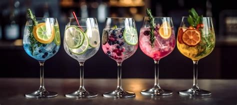 Premium Ai Image Five Colourful Gin Tonic Cocktails In Wine Glasses On Bar Counter In Bar Or