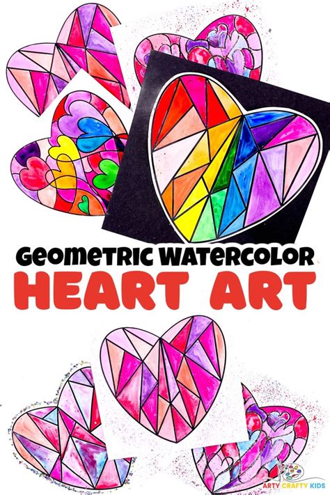 Geometric Watercolor Heart Art In 2024 Heart Art Projects Watercolor Heart Valentine Art