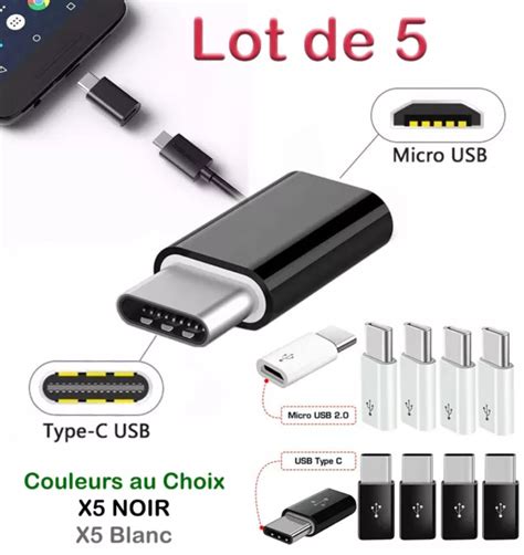 Adaptateur Micro Usb Femelle Vers Type C Male Lot De Noir Ou Blanc