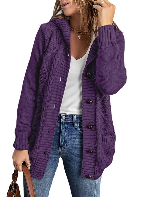 Eytino Womens Open Front Cardigan Long Sleeve Button Down Hooded Knit Sweater Coat With Pocketed