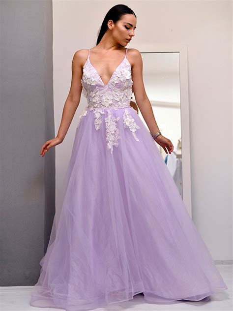 A Line Princess Tulle V Neck Applique Sleeveless Sweep Brush Train