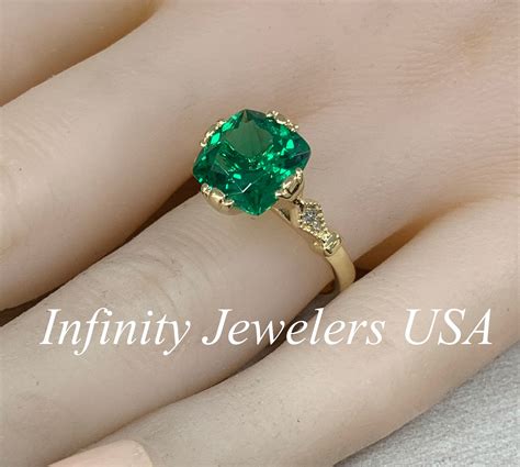 Cushion Cut Emerald And Diamond Engagement Ring 14k Yellow Etsy