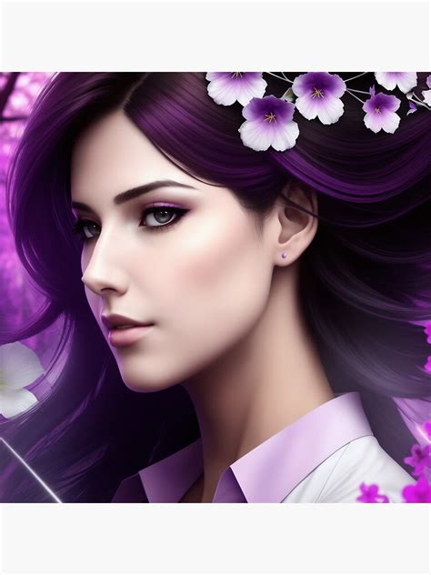 Beautiful Woman With Long Dark Hair With Purple Flowers On Her Head Sticker For Sale By