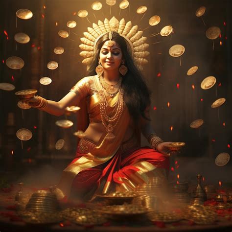 Premium AI Image | illustration of Laxmi Mata With Pot of Gold Coins ...