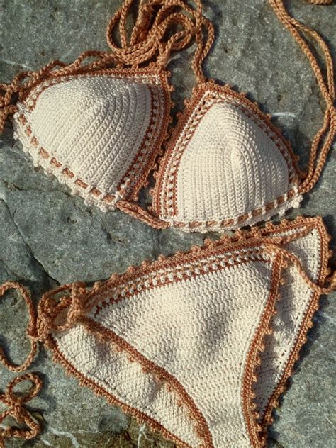 Crochet Bikini Set In Cream With Tan Accents Etsy