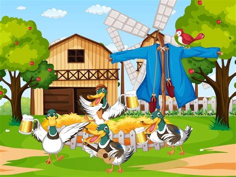 Escena Al Aire Libre Con Patos De Dibujos Animados Vector Gratis