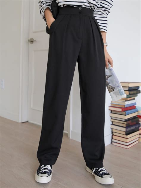 Dazy High Waist Plicated Detail Straight Leg Pants Womens Dress Pants Slacks For Women Black