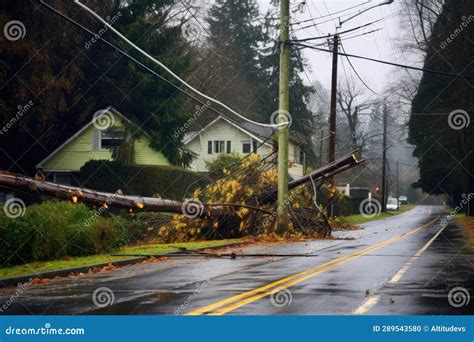 Fallen Tree Entangled In Power Lines Causing A Road Closure Stock