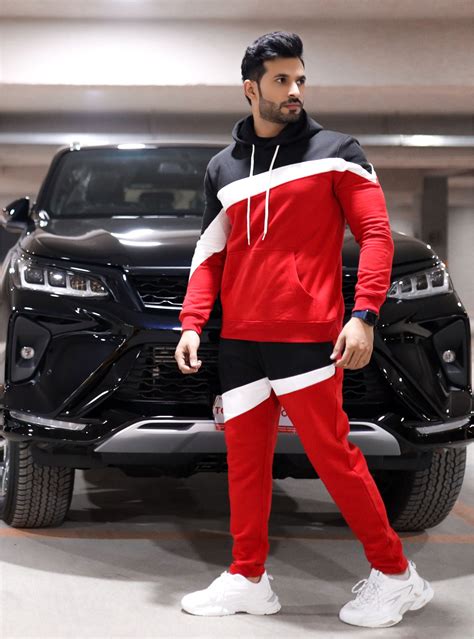 Red Panel Twinset Winter Tracksuit For Mens Mens Tracksuit