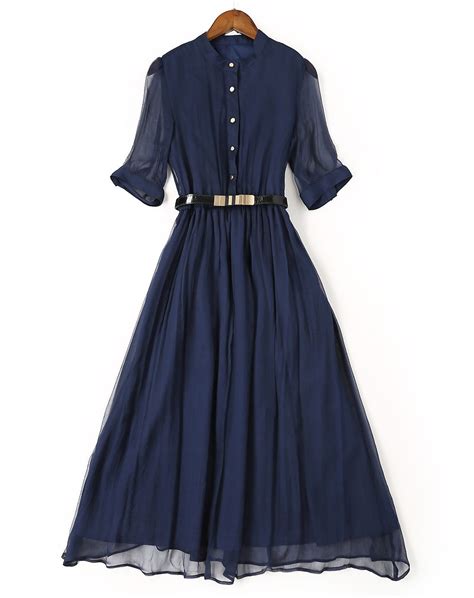 Navy Blue Silk Half Sleeve Belted Solid Midi Dress Navy Blue Ewheat