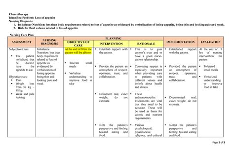 Chemotherapy Nursing Care Plan Chemotherapy Identified Problem Loss