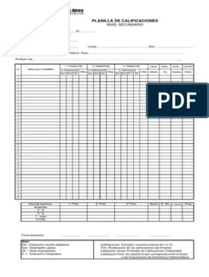 Planilla De Calificaciones Secundario Evaluacion Docente