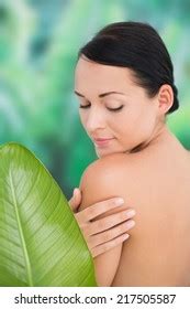 Beautiful Nude Brunette Posing Green Leaves Stock Photo