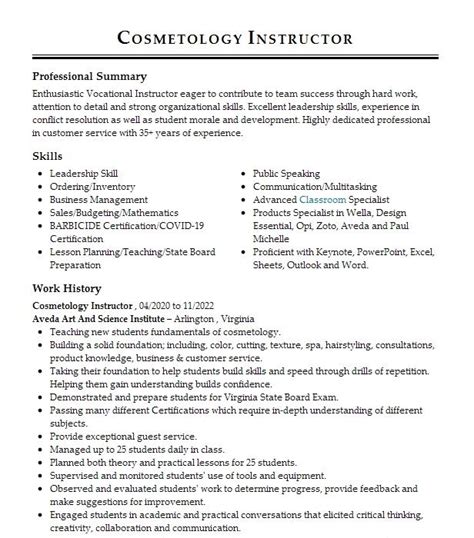 Cosmetology Instructor Resume Example