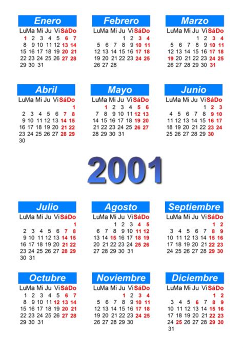 Calendario 2001 Para Imprimir Y Descargar Pdf Abc Calendarioes