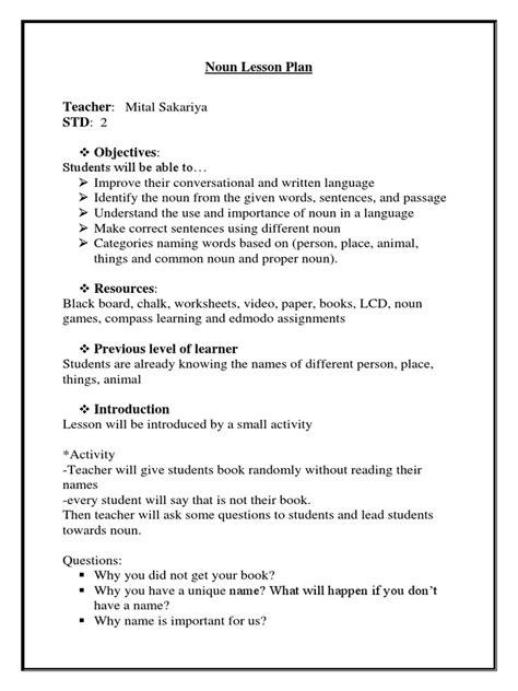 Noun Lesson Plan Pdf Noun Lesson Plan