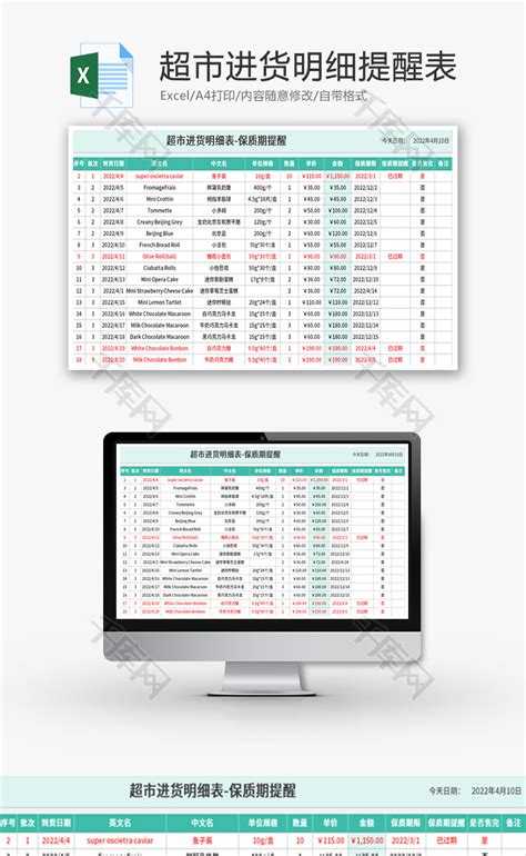 超市进货明细表excel模板千库网excelid：165451