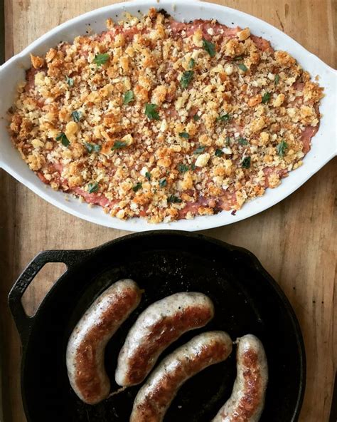 Bangers And Mash Sausages With Potato Parsnip And Garlic Mash With A Buttery Crumb Topping