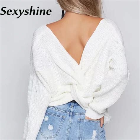 Sexy Deep V Neck Sweater Women Spring Autumn Backless Fashion Long