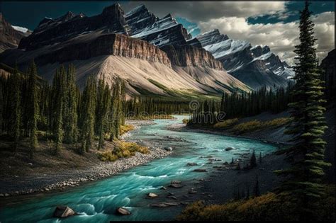 Natural Background With Mountain And River Illustration Generative AI