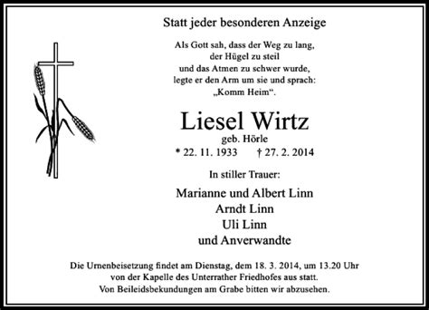 Alle Traueranzeigen F R Liesel Wirtz Trauer Rp Online De