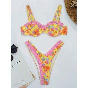 Emmiol Free Shipping 2025 Frill Trim Underwire Floral Bikini Set Yellow M In Bikini Sets Online