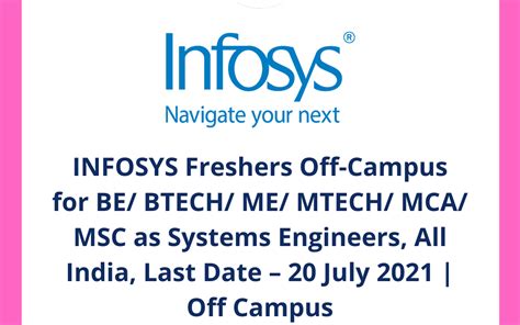 Infosys Freshers Off Campus For Be Btech Me Mtech Mca Msc As Systems Engineers All India