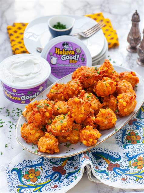 Cheesy Corn & Chicken Fritters with Heluva Good! Buttermilk Ranch Dip ...