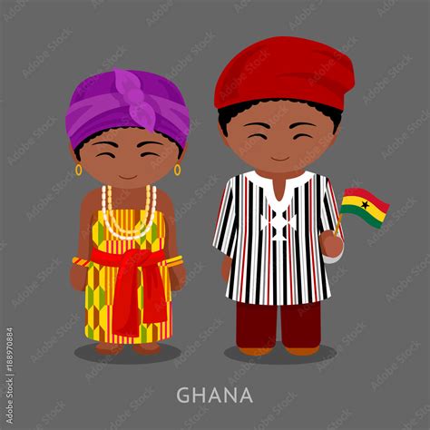 Ghanaian in national clothes with a flag. Man and woman in traditional costume. Cute cartoon ...