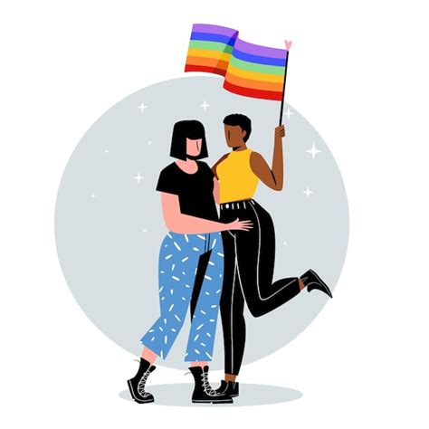 Free Vector Lesbian Couple With Lgbt Flag Illustrated