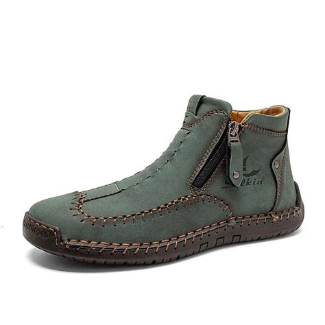 Men's Brown Leather Casual Ankle Boots with Zipper and Hand-Stitched ...